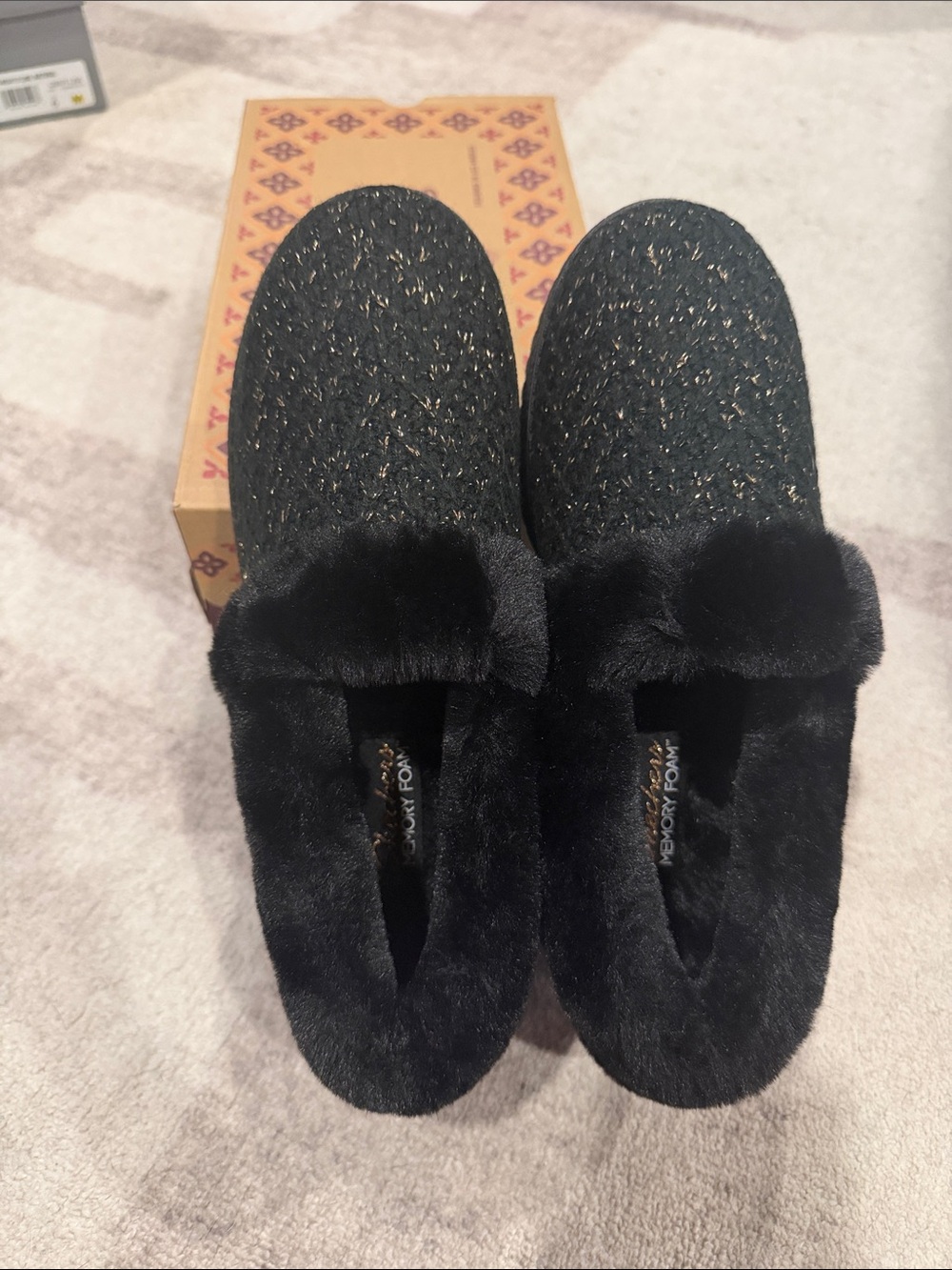 Skechers Black Faux Fur Memory Foam Slip-On Slippers with Metallic Flecks